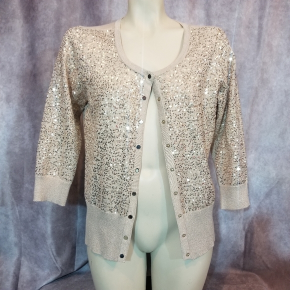 WHBM Champagne Colored Sequined Cardigan Sz Medium - Picture 1 of 5